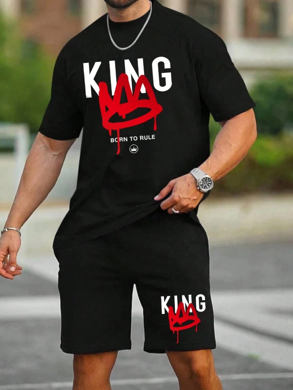 Erkek Moda King Baskılı Kısa Kollu Tişört Ve Şort Kombo Seti