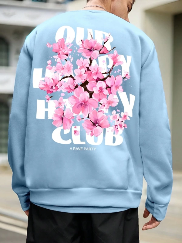 Erkek Modası Rahat Komik Bükülmüş Harf ve Çiçek Baskılı Büyük Boy Polar Sweat