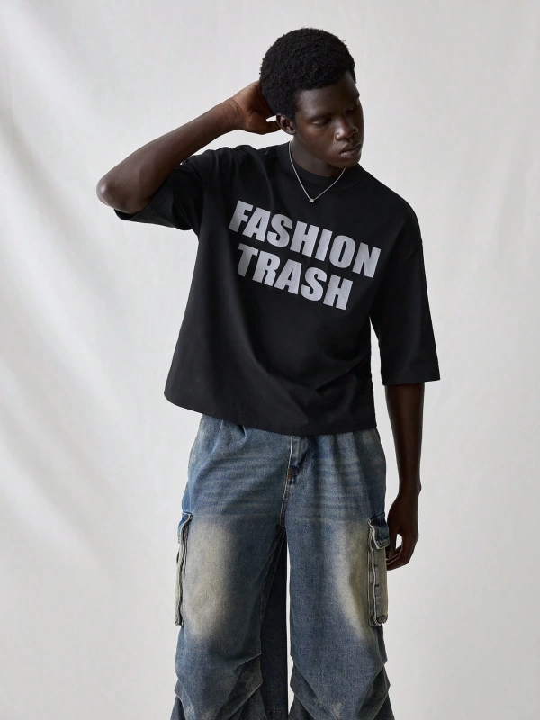 Erkek Modası Rahat Moda Kentsel İngilizce Harf Metin Grafik Baskı Bol Kesim Kısa Kollu