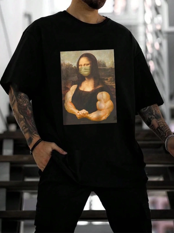 Erkek Mona Lisa Baskılı Yuvarlak Yaka Tişört