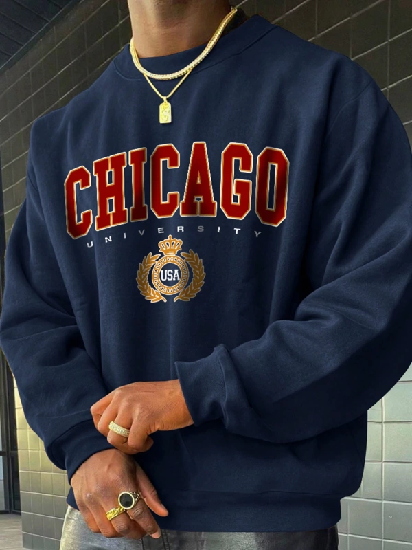 Erkek Rahat Bol Kesim Harf Baskılı Yuvarlak Yaka Uzun Kollu Sweatshirt, İlkbahar Sonbahar