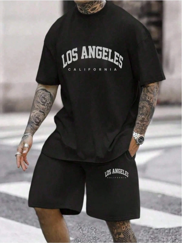 Erkek Rahat Yaz Takımı - Kısa Kollu Harf ve Grafik Baskı No Tişört Ve Şort Takımı