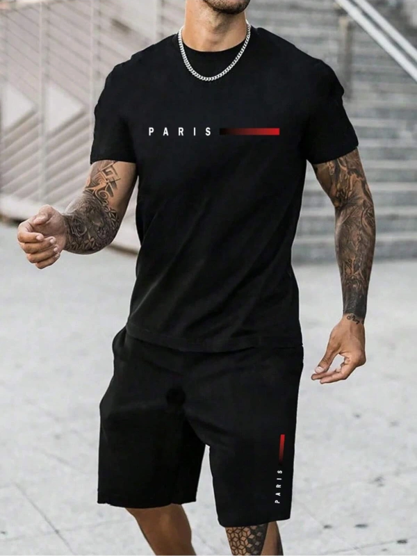 Erkek Rahat Yaz Takımı - Kısa Kollu Harf ve Grafik Baskı No Tişört Ve Şort Takımı