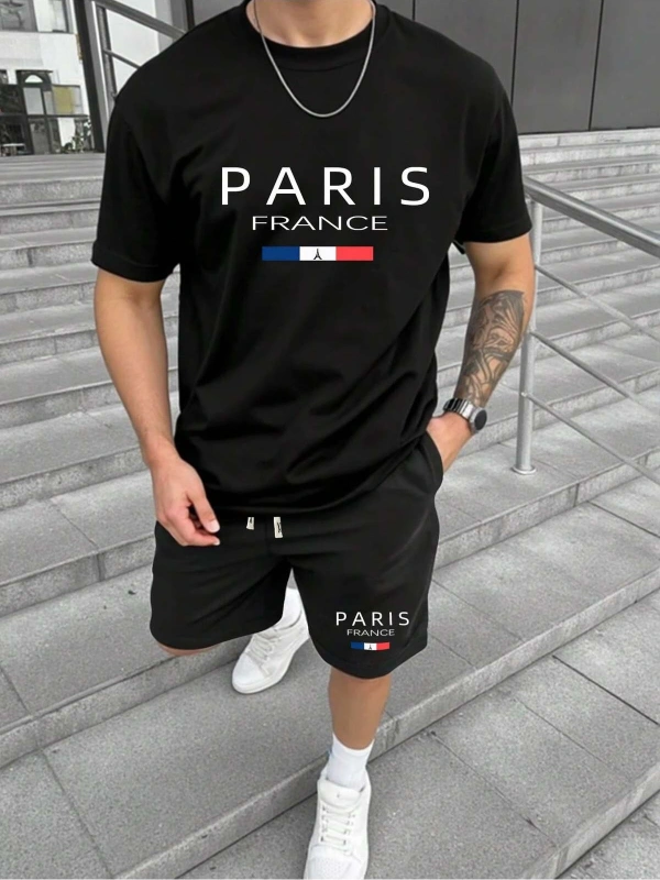 Erkek Rahat Yaz Takımı - Kısa Kollu Harf ve Grafik Baskı No Tişört Ve Şort Takımı