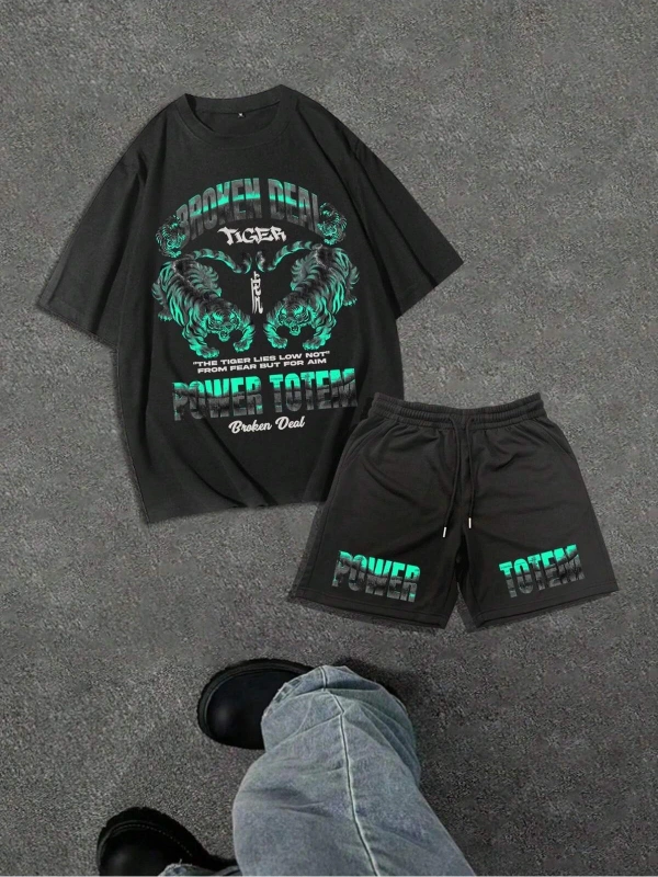 Erkek Rahat Yaz Takımı - Kısa Kollu Harf ve Grafik Baskı No Tişört Ve Şort Takımı