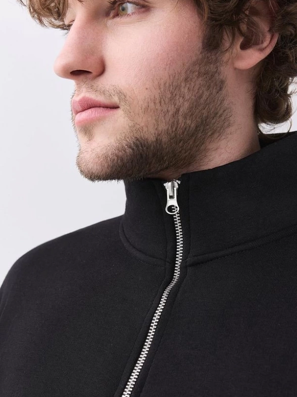 Erkek Relaxed Fit Yarım Fermuarlı Dik Yaka Sweatshirt Siyah Siyah