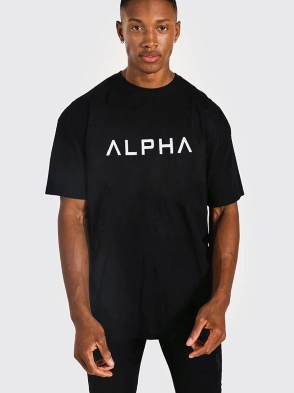 Erkek Siyah Alpha Baskılı Oversize Bisiklet Yaka T-shirt