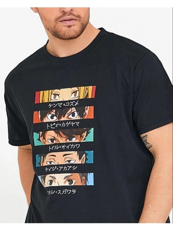 Erkek Siyah Anime Baskılı Oversize Bisiklet Yaka Tişört
