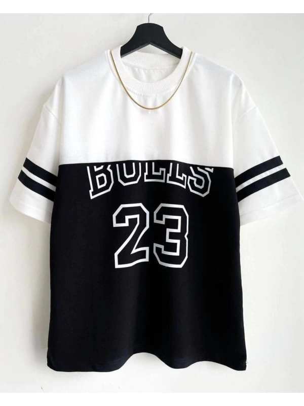 Erkek Siyah Beyaz Baskılı Bulls Oversize Bisiklet Yaka Tişört