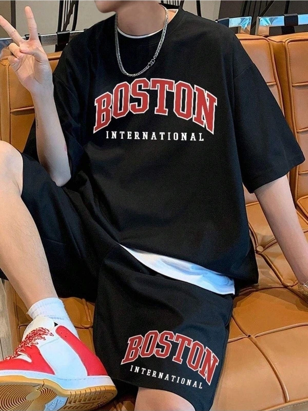 Erkek Siyah Boston International Baskılı Oversize Şortlu Takım Tw-bstontakims