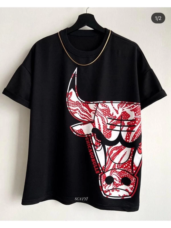 Erkek Siyah Büyük Logo Bulls Baskılı Oversize Bisiklet Yaka Tişört