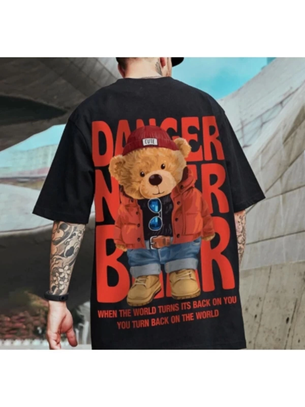 Erkek Siyah Danger Bear Baskılı Oversize Bisiklet Yaka T-shirt