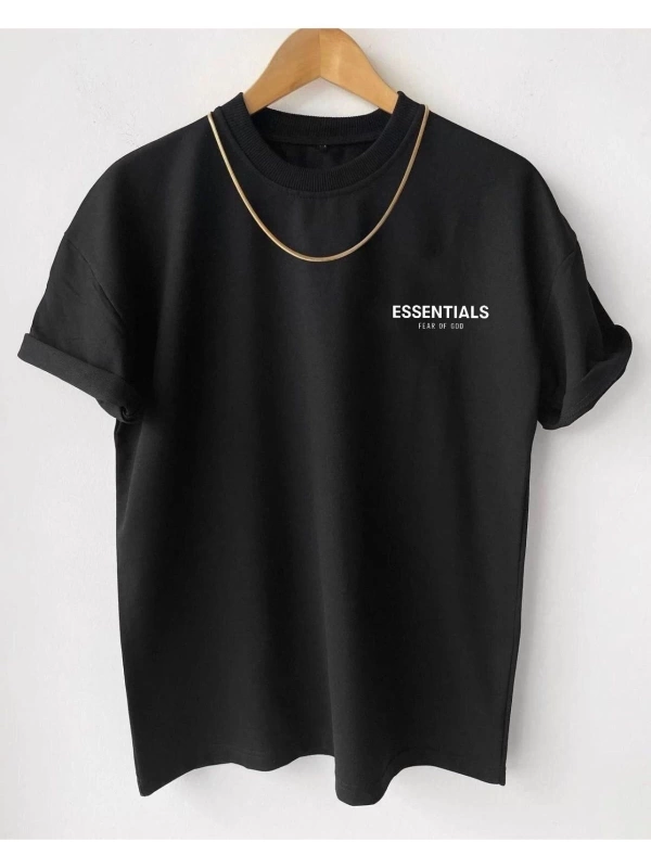 Erkek Siyah Essentials Baskılı Oversize Bisiklet Yaka Kısa Kollu T-shirt