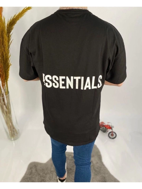 Erkek Siyah Essentials Baskılı Oversize Bisiklet Yaka T-shirt