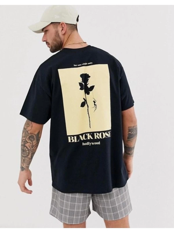 Erkek Siyah Gül Sırt Baskılı Oversize Bisiklet Yaka T-shirt