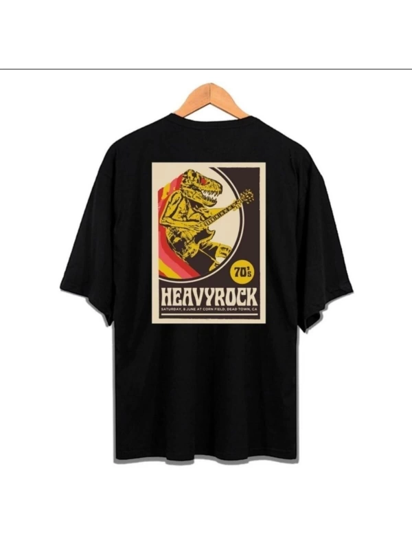 Erkek Siyah Heavy Rock Baskılı Oversize Bisiklet Yaka Tshirt