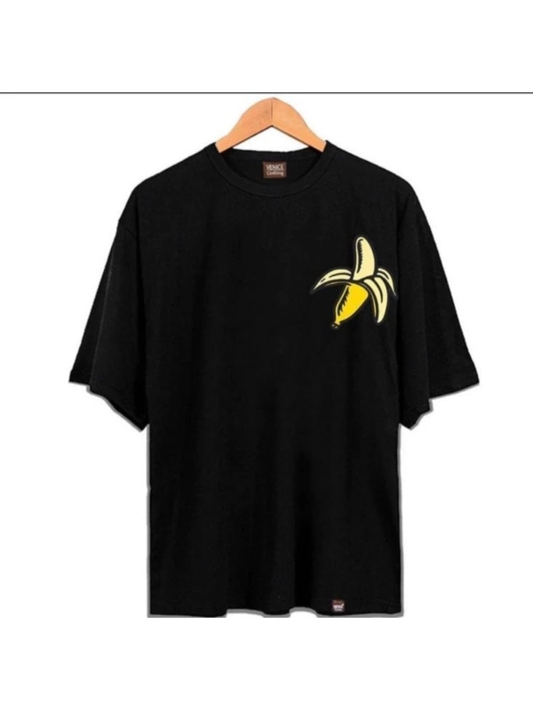 Erkek Siyah Muz Oversze Bisiklet Yaka Tshirt
