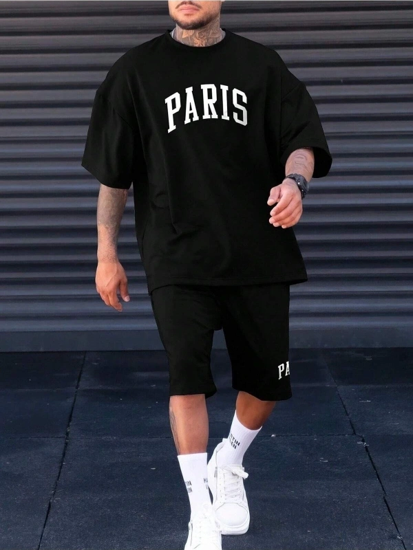 Erkek Siyah Paris Baskılı Oversize Şortlu Takım TS-PARISTKM