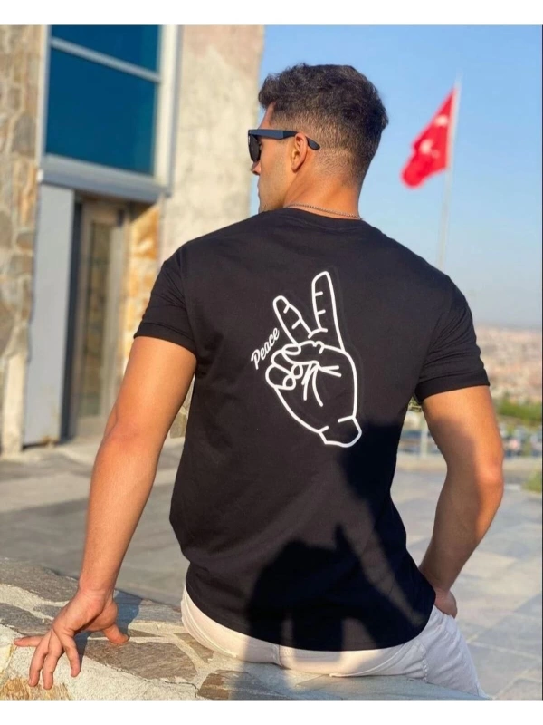 Erkek Siyah Peace Sırt Baskılı Oversize Bisiklet Yaka T-shirt