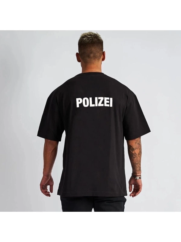 Erkek Siyah Polizai Baskılı Oversize Bisiklet Yaka Tişört
