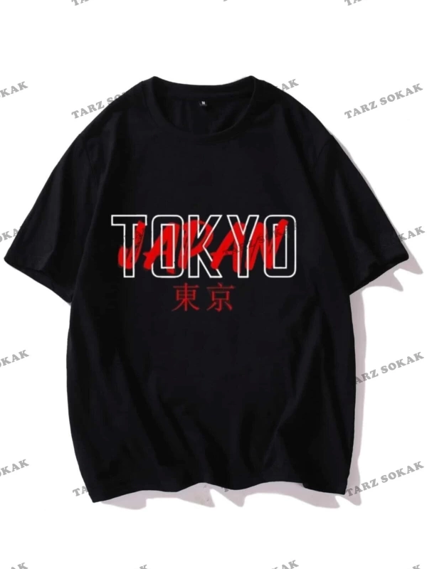 Erkek Siyah T-shirt Tokyo Japan Baskılı Oversize
