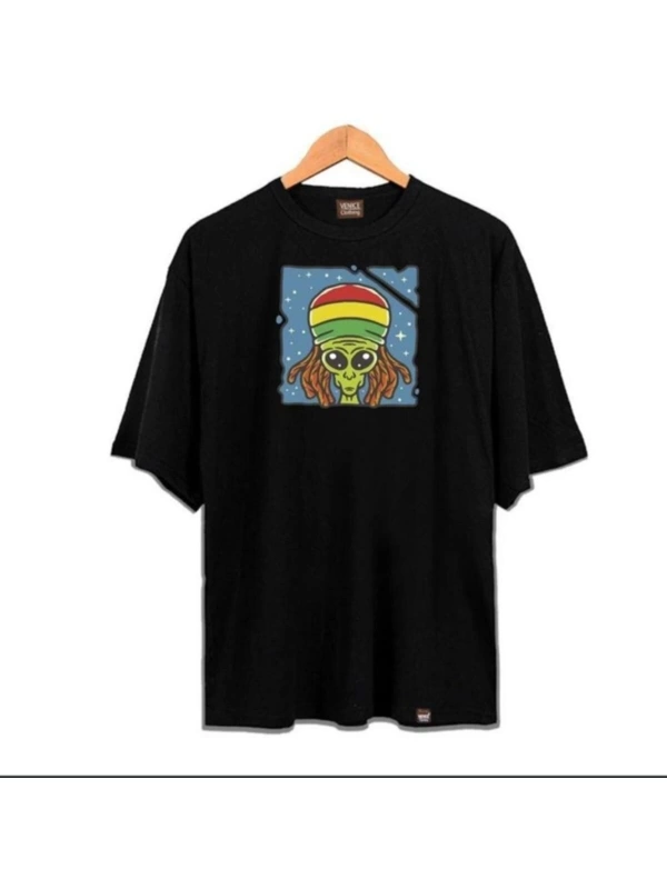 Erkek Siyah Uzaylı Oversze Bisiklet Yaka Tshirt