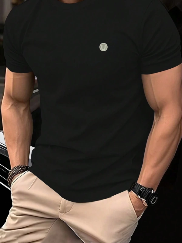 Erkek Slim Fit Grafik Yama Rahat Mürettebat Yaka Kısa Kollu Tişört, Yaz Erkek