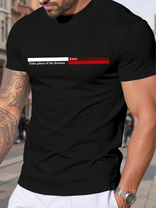 Erkek Slogan Baskılı Mürettebat Yaka Kısa Kollu Slim Fit Günlük Tişört