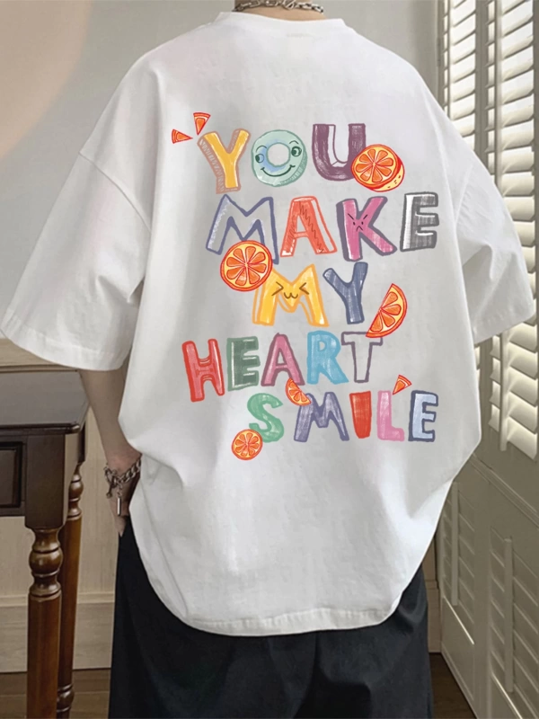 Erkek Slogan Grafik Düşük Omuz Büyük Boy Tişört