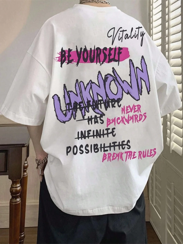 Erkek Slogan Grafik Düşük Omuz Büyük Boy Tişört