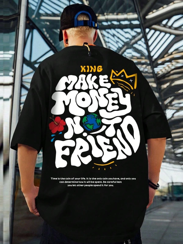 Erkek Slogan Grafik Düşük Omuz Tişört