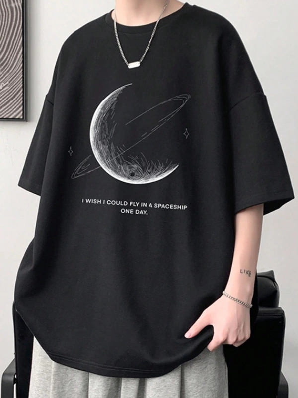 Erkek Tişörtleri Fit Crew Yaka Düşük Omuz Kısa Kollu Grafik Tişört Earth C