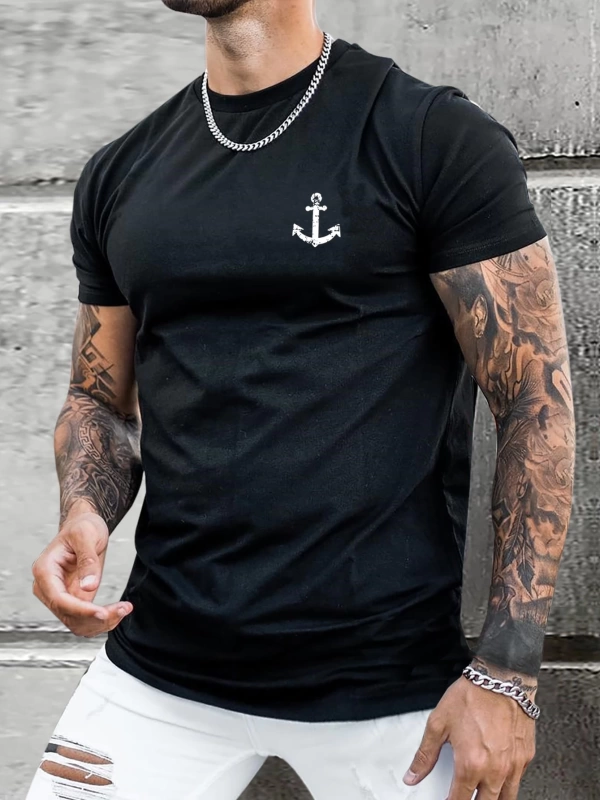 Erkek Tişörtleri Fit Crew Yaka Kısa Kollu Grafik Tişört Çapa Lacivert Rahat Y