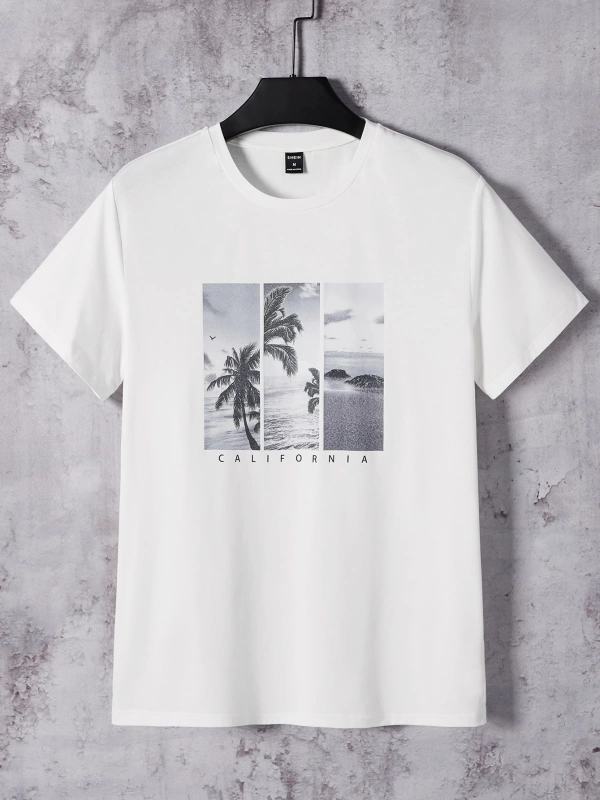 Erkek Tişörtleri Fit Crew Yaka Kısa Kollu Grafik Tişört Palmiye Ağacı Rahat Mo