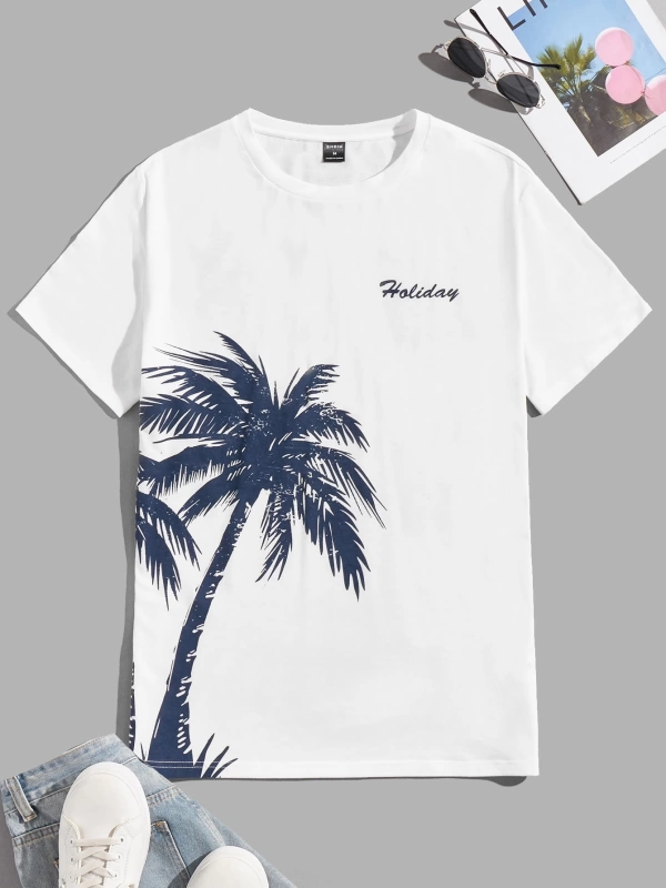 Erkek Tişörtleri Fit Crew Yaka Kısa Kollu Grafik Tişört Palmiye Ağacı Rahat Mo