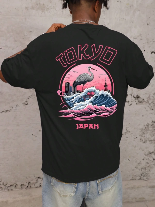 Erkek Tokyo Romantik Gün Batımı Grafik Rahat Kısa Kollu Tişört, Arkadaşlar İç