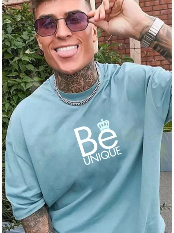 Erkek Turkuaz Be Unique Baskılı Oversize Bisiklet Yaka Kısa Kollu T-shirt