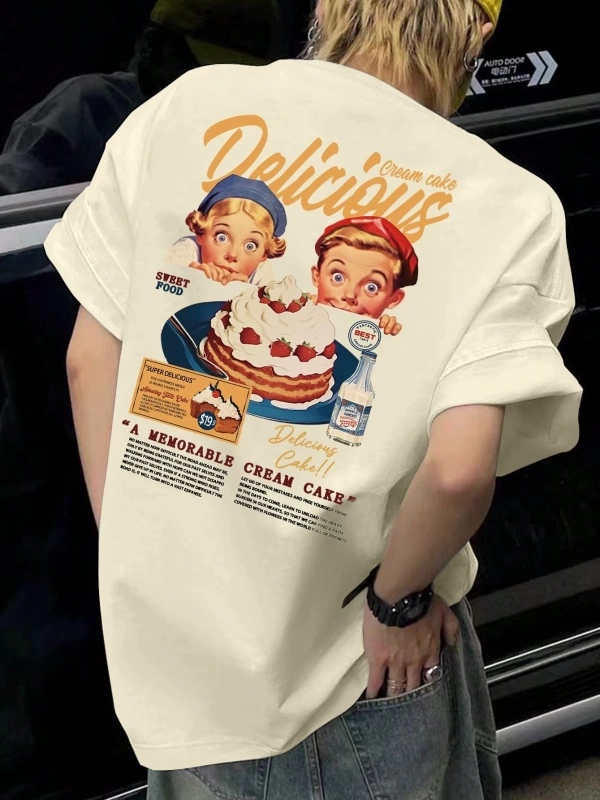 Erkek Vintage Eğlenceli Baskılı Düşük Omuz Kısa Kollu Tişört, Erkek Arkada