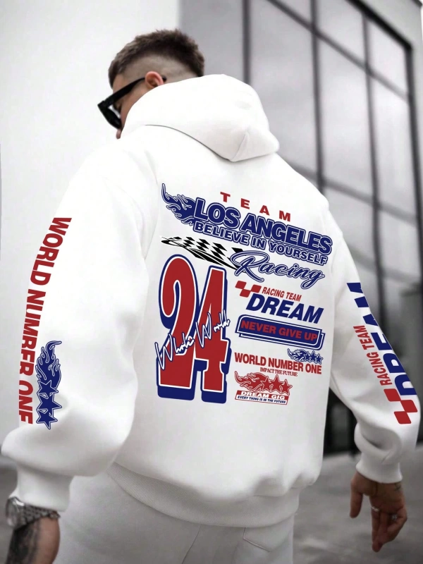 Erkek Yaratıcı Baskılı Mektup Rahat Spor Yolcu Çok Yönlü Uzun Kollu Kapşonlu Sweatshirt