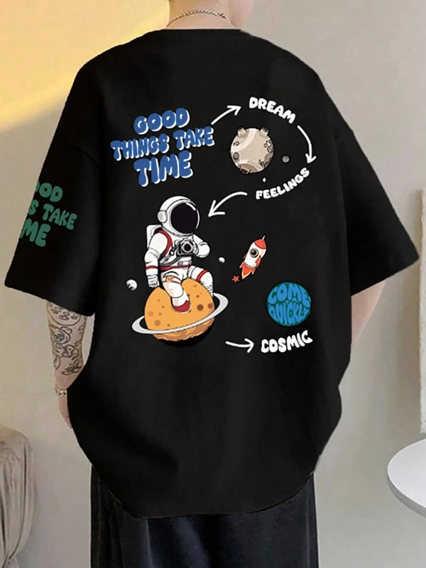 Erkek Yaz Astronot Desen Baskılı Rahat Kısa Kollu Yuvarlak Yaka Tişört