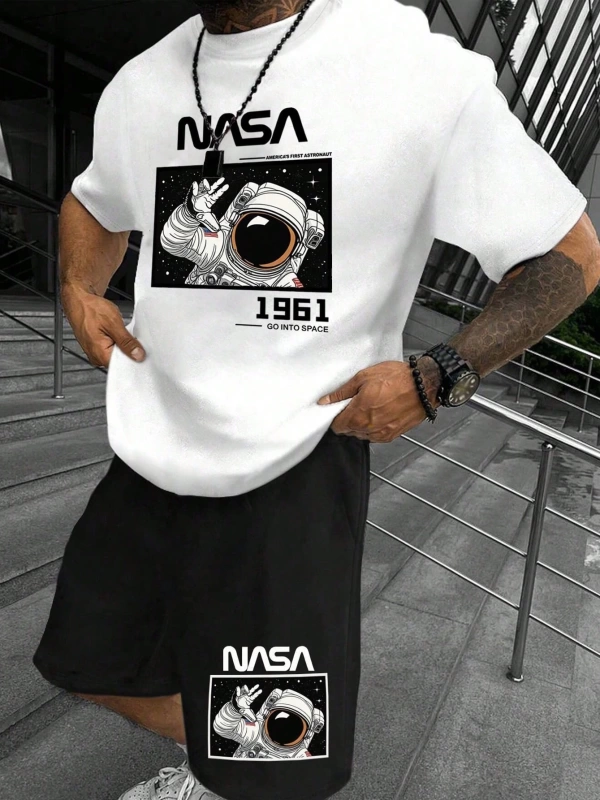 Erkek Yaz Astronot Mektup Baskılı Yuvarlak Yaka Kısa Kollu Rahat Tişört Ve Şo