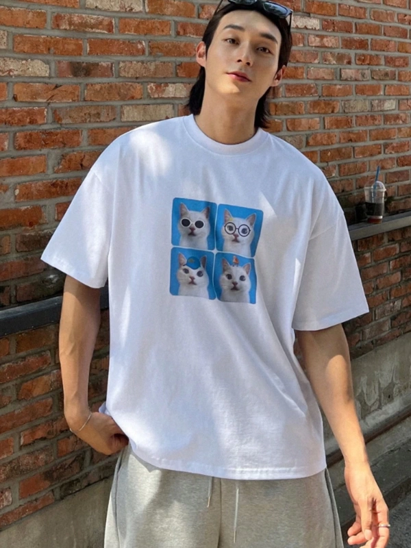 Erkek Yazlık Rahat Kedi Baskılı Büyük Boy Kısa Kollu Tişört