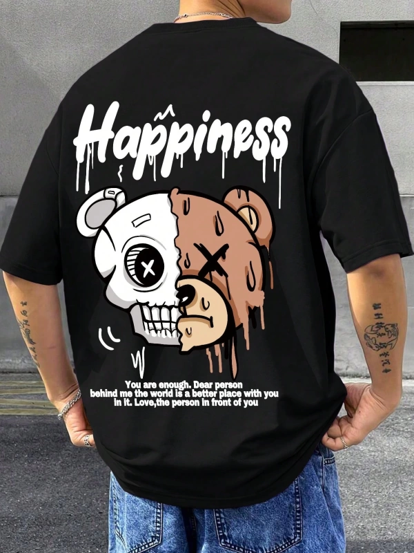 Erkek Yuvarlak Yaka Mektup Baskılı Kısa Kollu Rahat Bol Tank Top