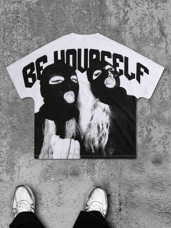 Erkek Yuvarlak Yaka Mektup Baskılı Kısa Kollu Rahat Hiphop Tişört, Grafi
