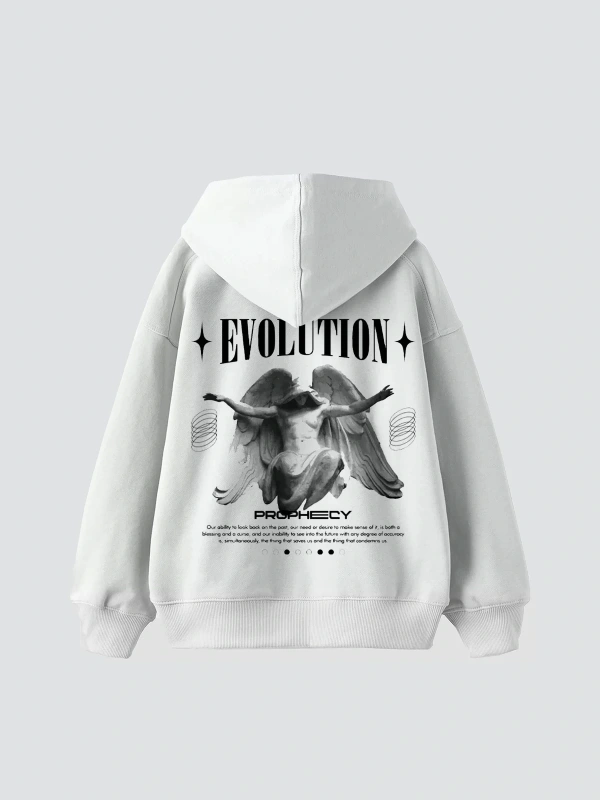 Evolution Baskılı Oversize Unisex Kapüşonlu Beyaz
