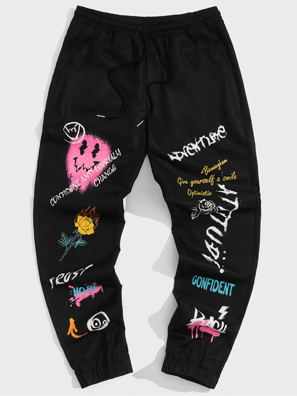 Expression & Letter Graphic Drawstring Waist Pants