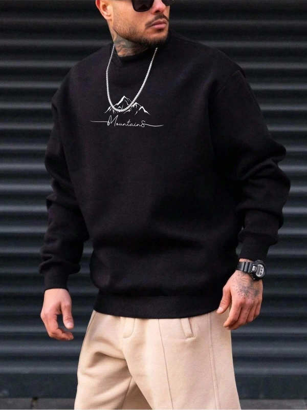 Extended Sizes Plus Letter Mountain Graphic Sweatshirt Siyah