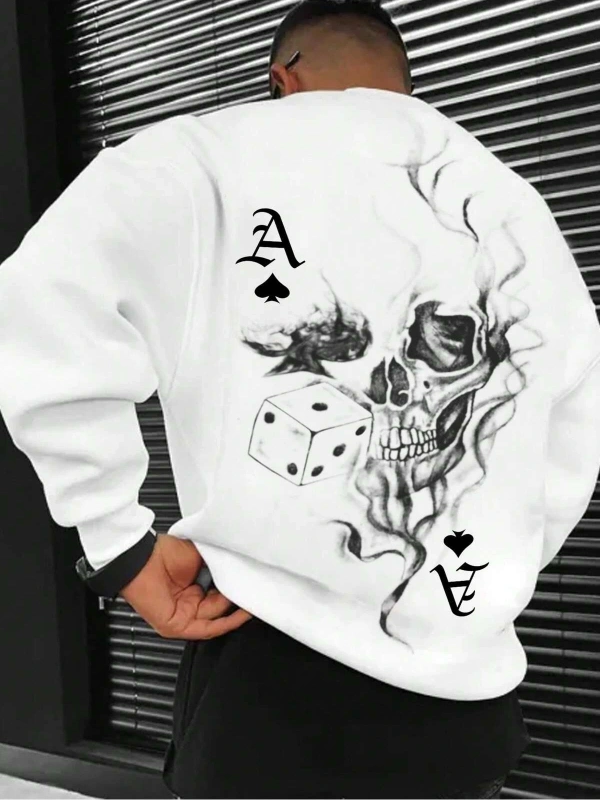 Extended Sizes Plus Playing Card & Skull Print Drop Shoulder Sweatshirt Beyaz
