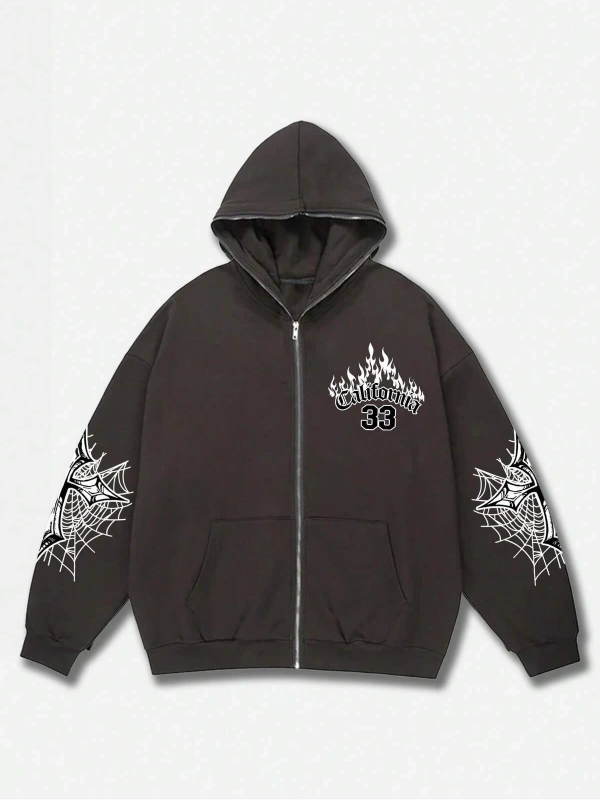 Fermuarlı Sweatshirt Goth Guys Letter Graphic Gri