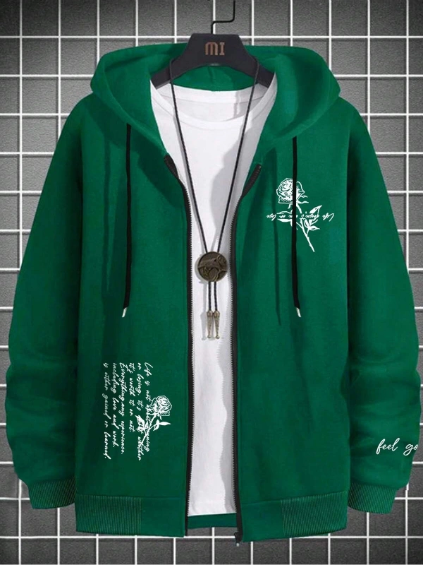 Fermuarlı Sweatshirt Manfinity Hypemode Men Floral & Slogan Graphic Drawstring Sweatshirt Yeşil